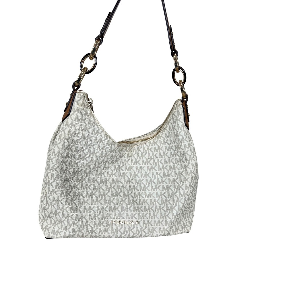 Michael Kors Jet Set Large Hobo Shoulder Bag Vanilla MK Logo Print